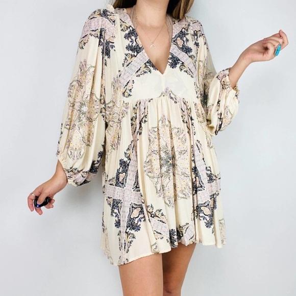 Free People Balloon Long Sleeve Cream Print Dress - Picture 1 of 3